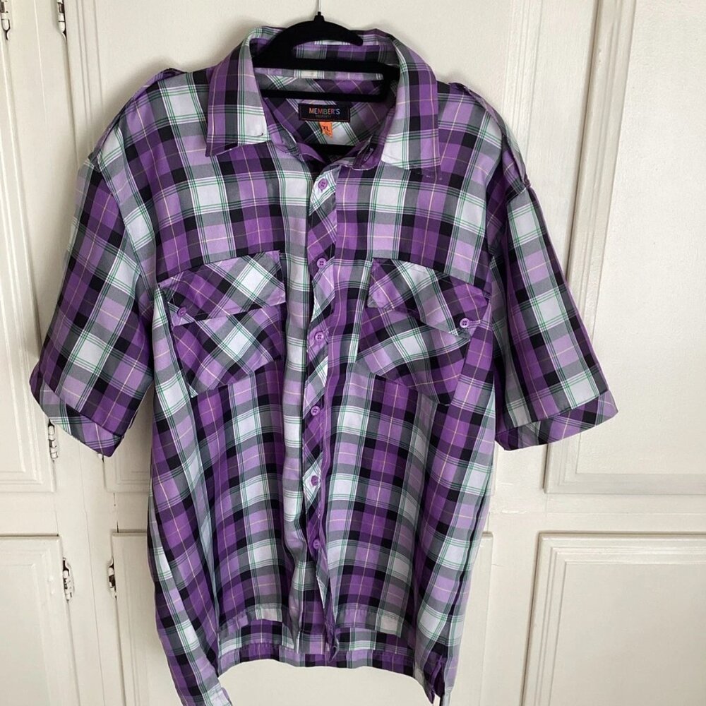 MEMBER'S PROPERTY Purple Plaid Button Up Streetwear Men's XL